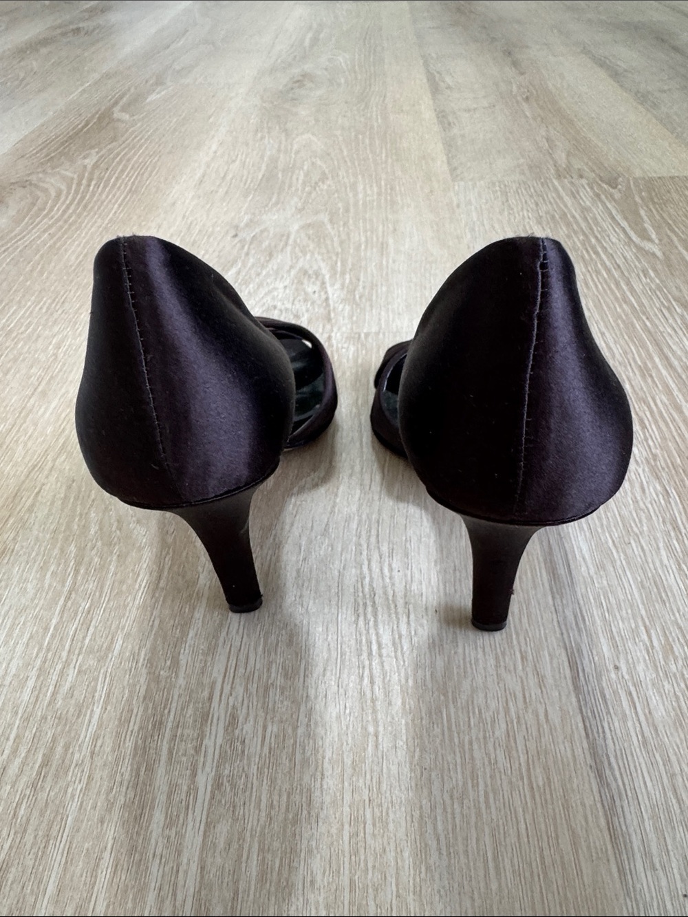 Nine West Dark Brown Satin Peep-Toe Knot Heels - Picture 5 of 7